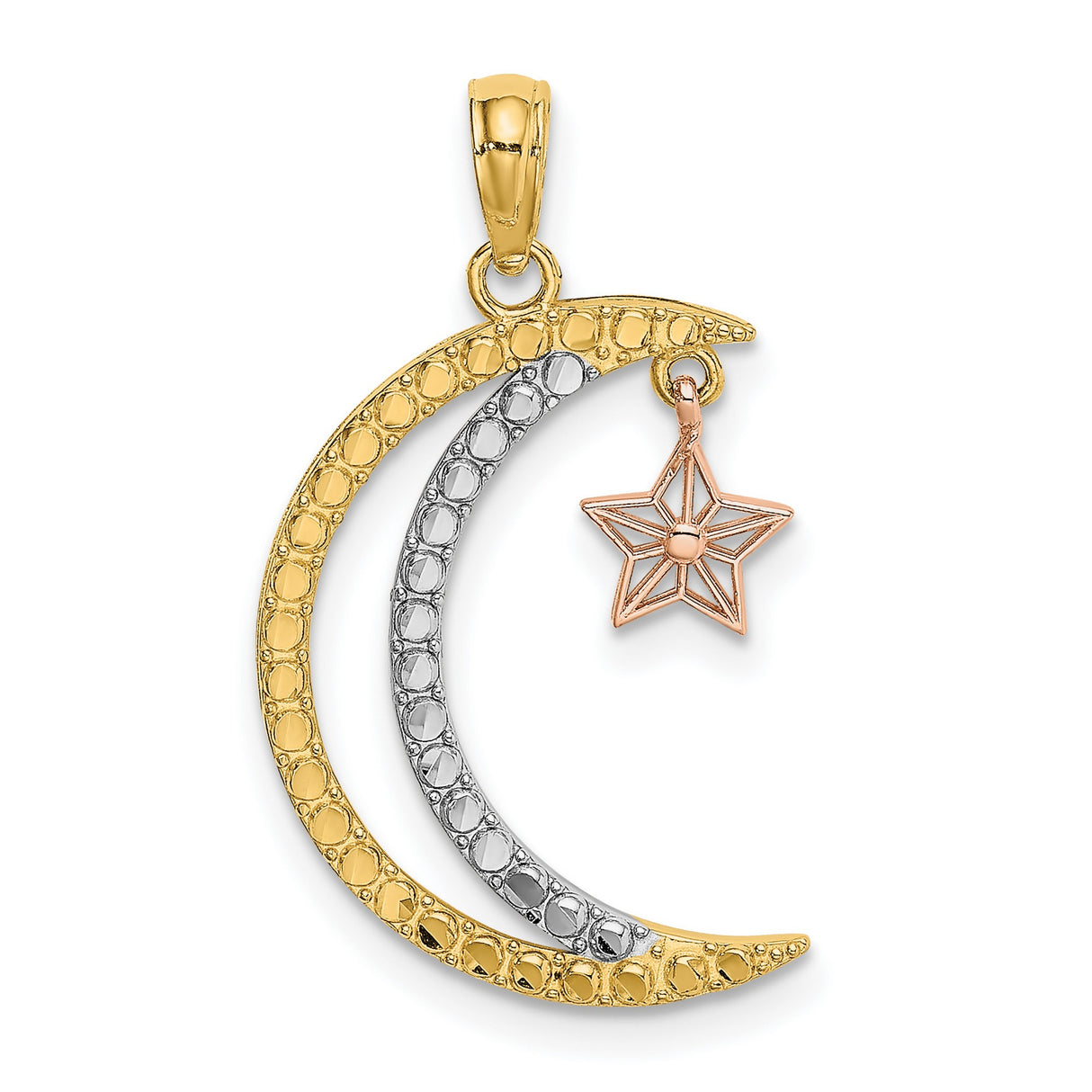 14k Two-Tone Gold Crescent Moon and Star Pendant, Islamic Celestial Charm for Women