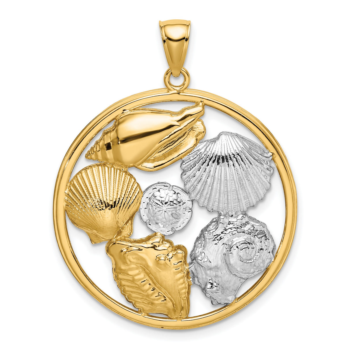 14k Multi-Tone Gold Sea Shell and Sand Dollar Pendant, Ocean Theme Jewelry for Women