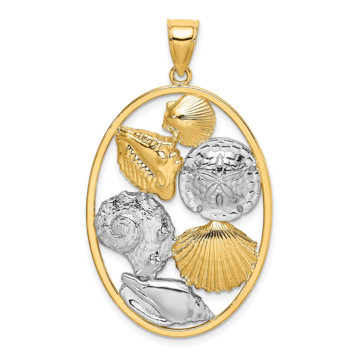 14k Multi-Tone Gold Oval Pendant with Seashell, Sand Dollar and Conch Shell Details