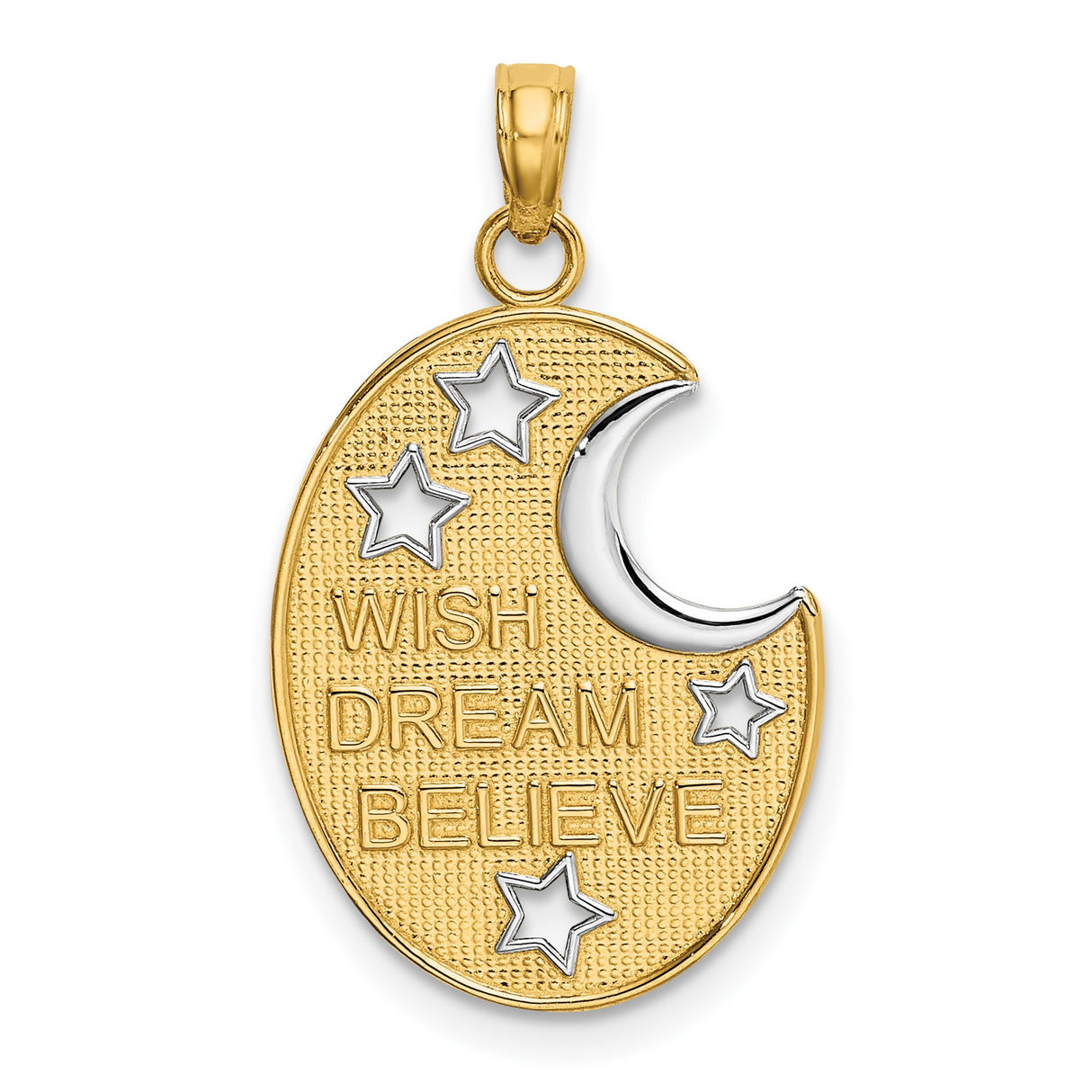 14k Yellow Gold and Rhodium Crescent Moon and Stars Pendant, Inspirational Celestial Charm for Women