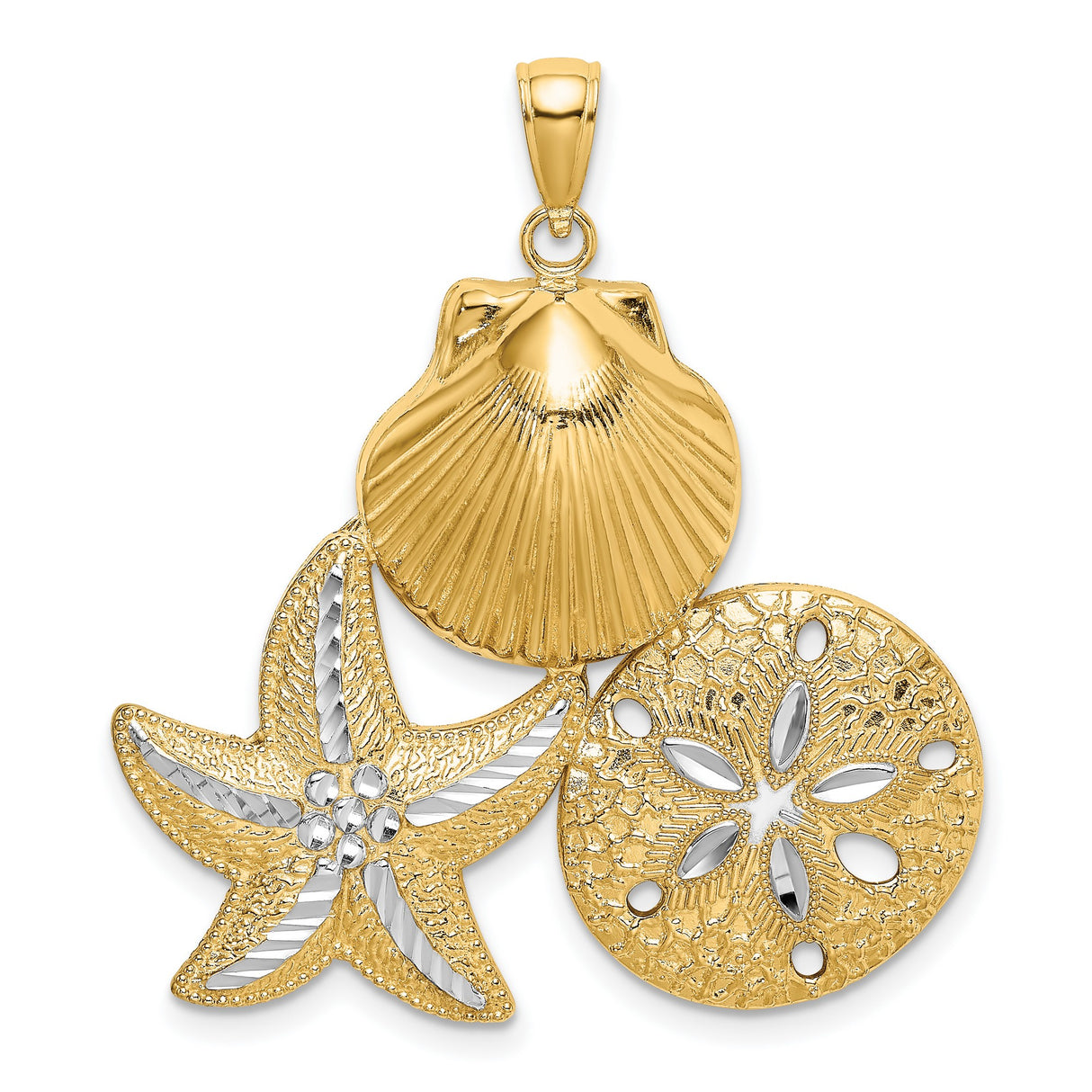 14k Multi-Tone Gold Pendant with Seashell, Starfish, and Sand Dollar Nautical Theme