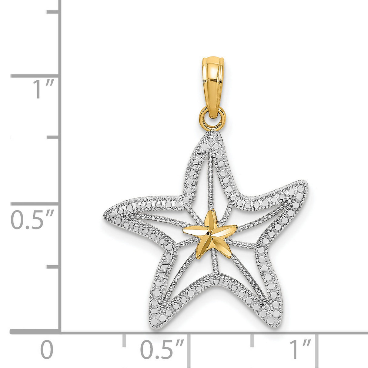 14k Two-Tone Gold Starfish Pendant, Nautical Openwork Charm with Rhodium Detail for Women