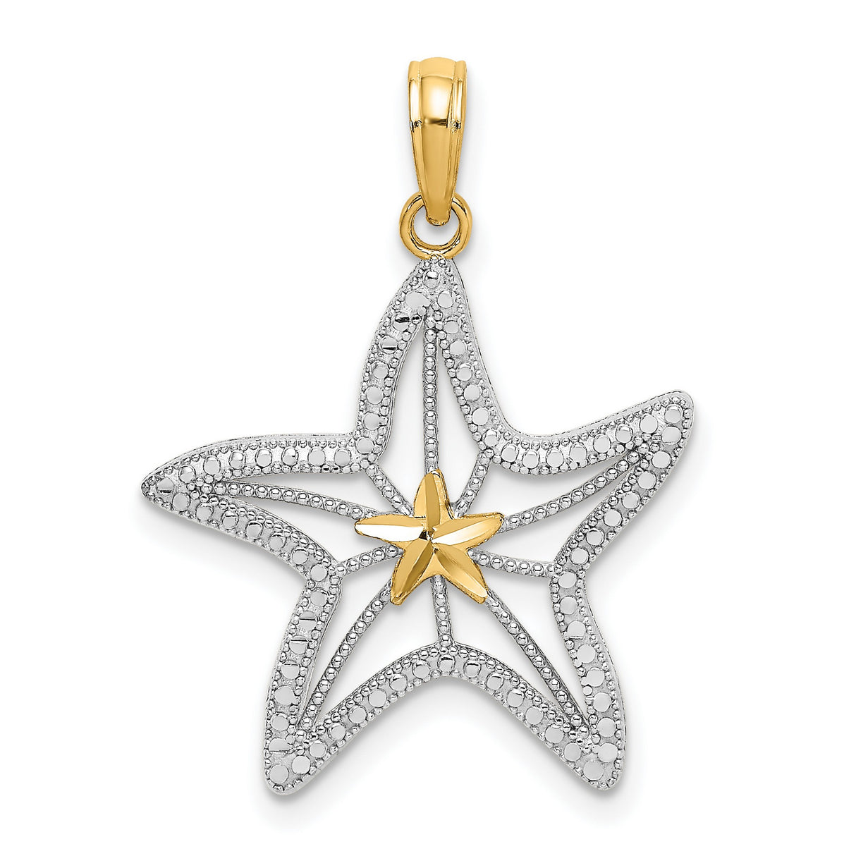 14k Two-Tone Gold Starfish Pendant, Nautical Openwork Charm with Rhodium Detail for Women