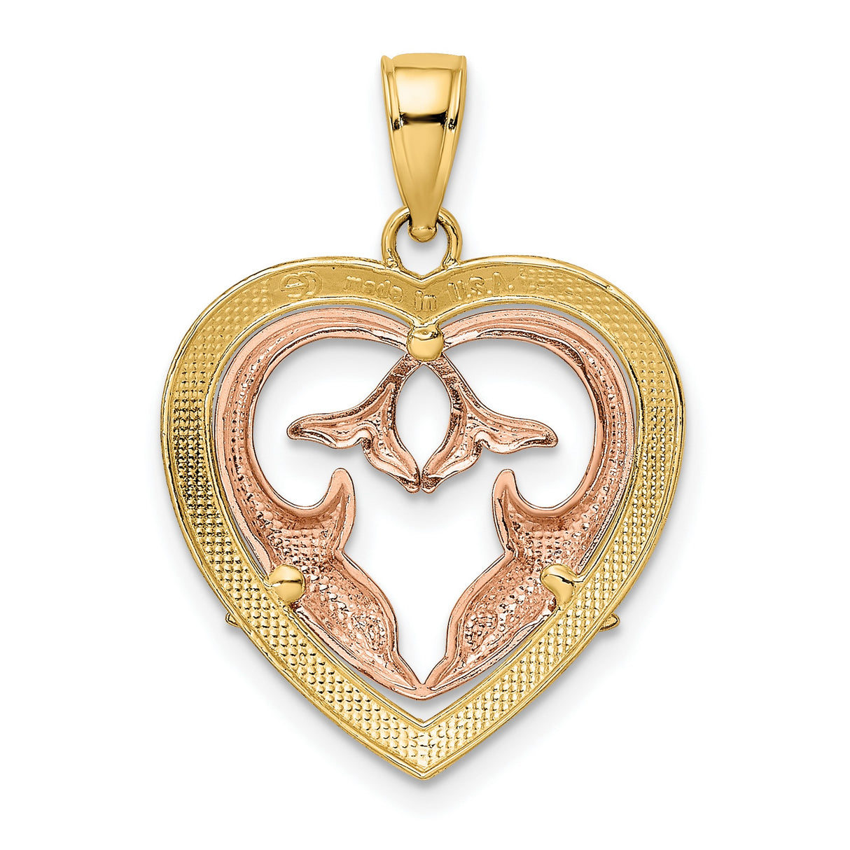 14k Two-Tone Gold Dolphin Heart Pendant, Intertwined Rose and White Gold Design