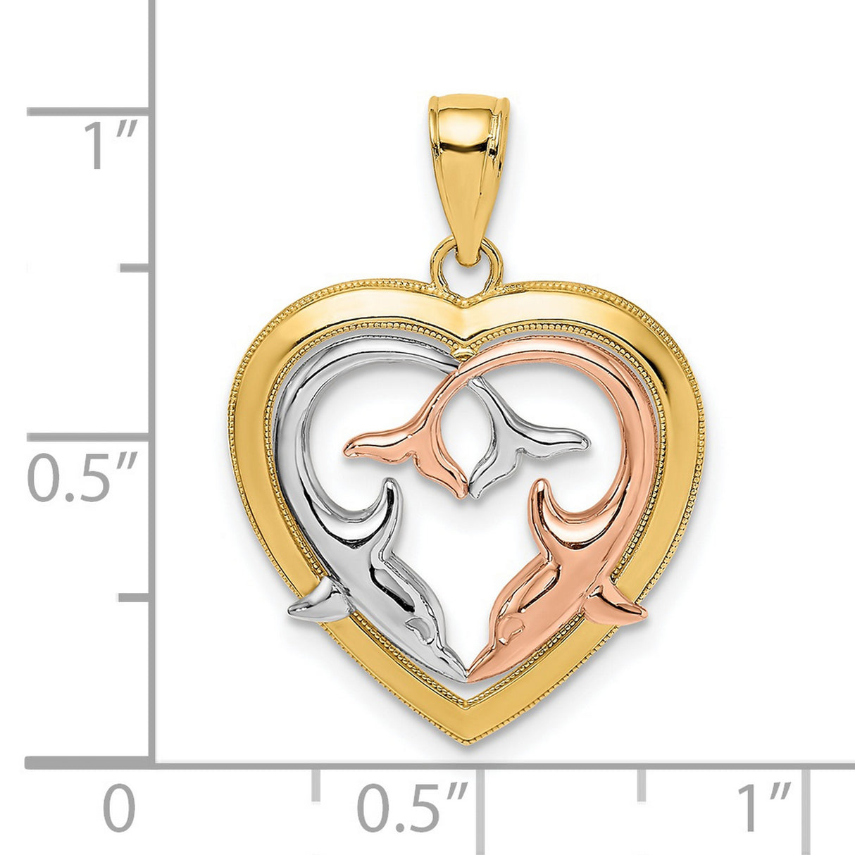 14k Two-Tone Gold Dolphin Heart Pendant, Intertwined Rose and White Gold Design