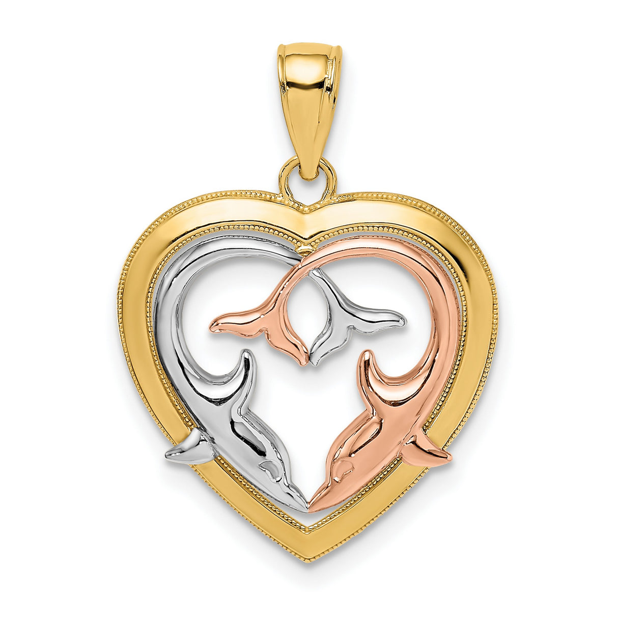 14k Two-Tone Gold Dolphin Heart Pendant, Intertwined Rose and White Gold Design