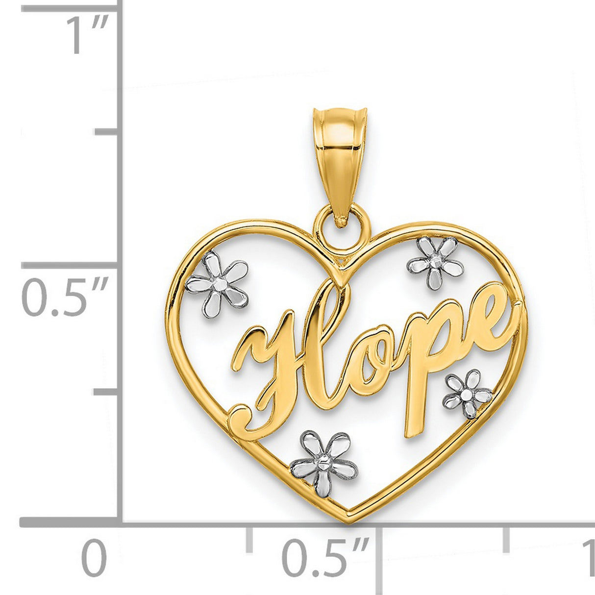 14k Yellow Gold and Rhodium Heart Pendant with Hope Message and Flower Accents for Women