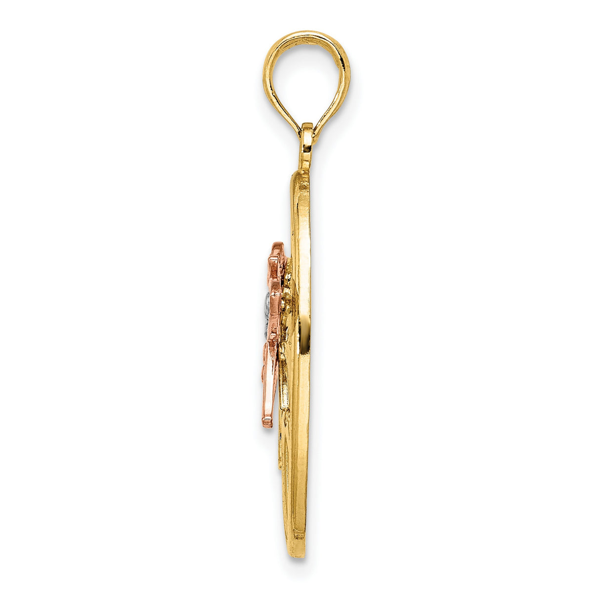 14k Two-Tone Gold Pendant with Rose Gold Hummingbird and White Gold Leaves in Oval Frame