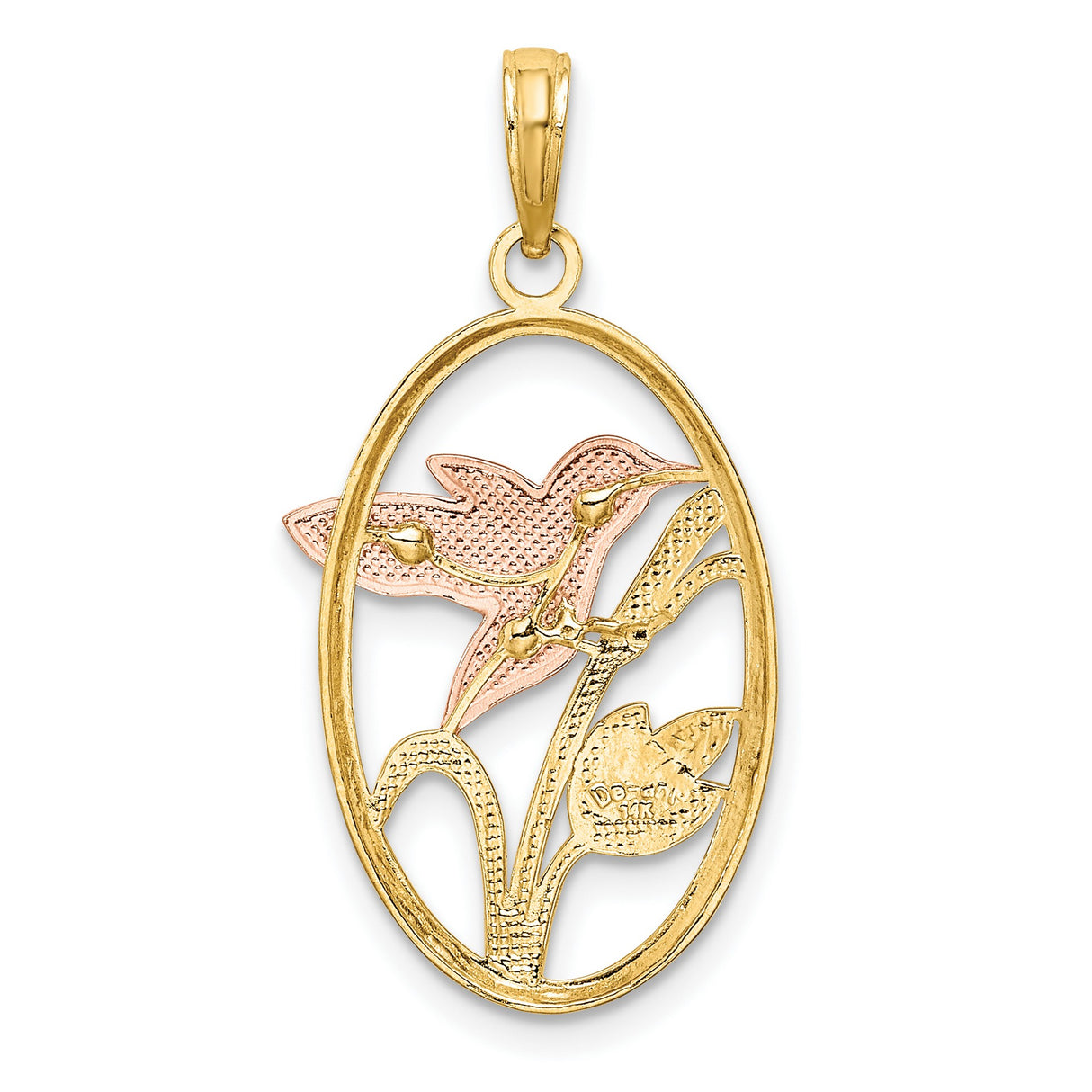 14k Two-Tone Gold Pendant with Rose Gold Hummingbird and White Gold Leaves in Oval Frame