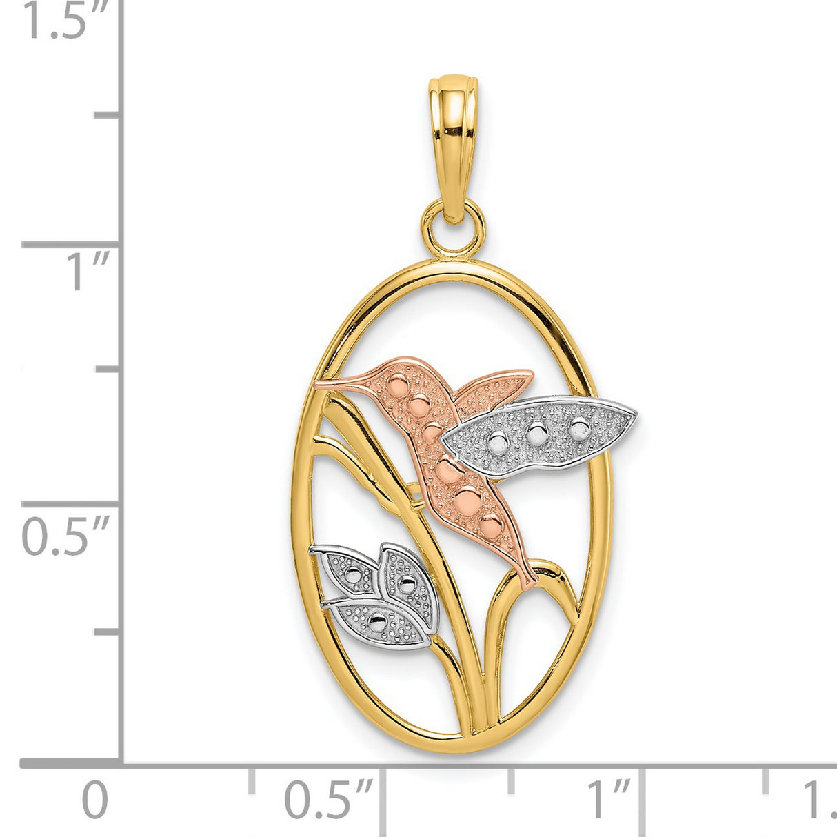 14k Two-Tone Gold Pendant with Rose Gold Hummingbird and White Gold Leaves in Oval Frame