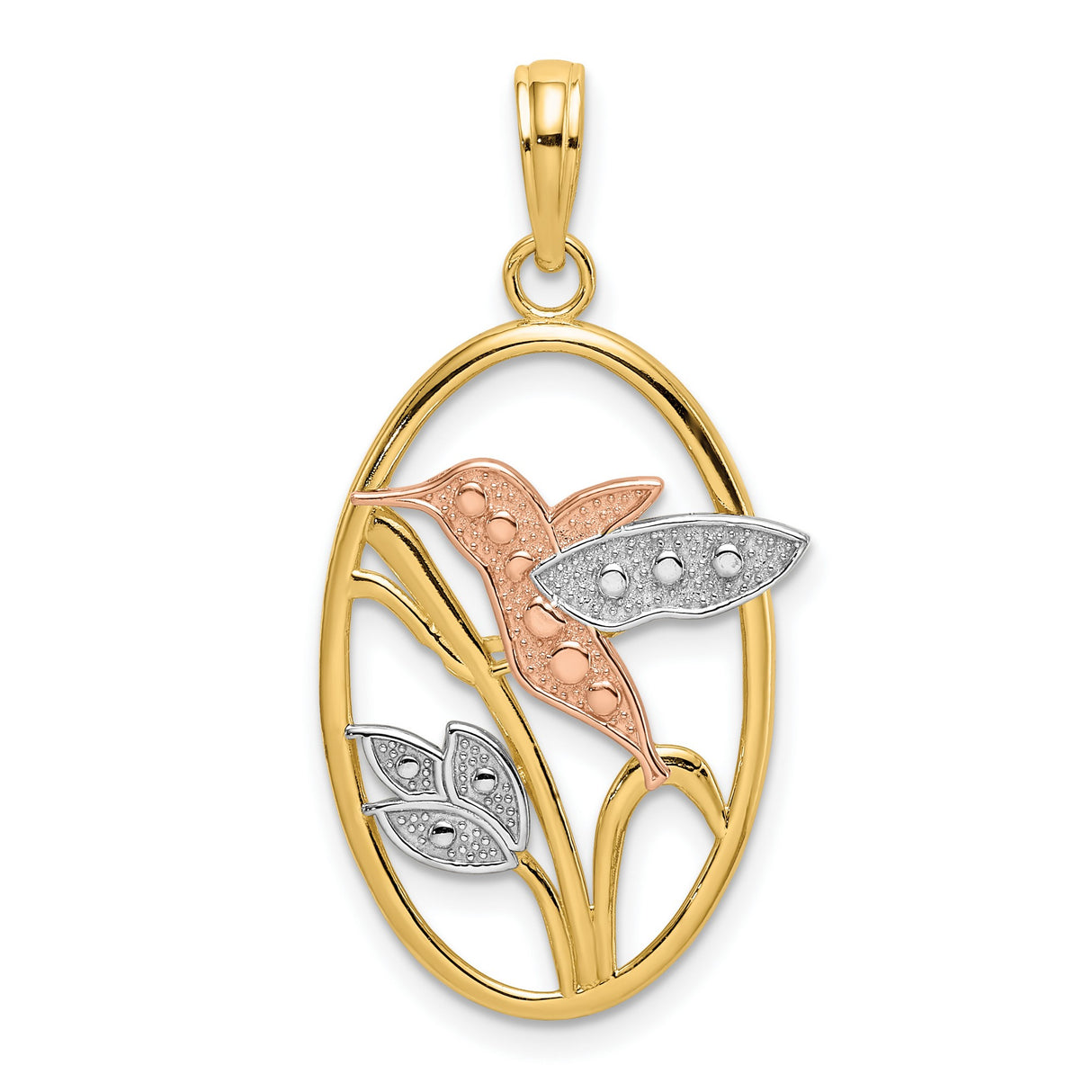 14k Two-Tone Gold Pendant with Rose Gold Hummingbird and White Gold Leaves in Oval Frame