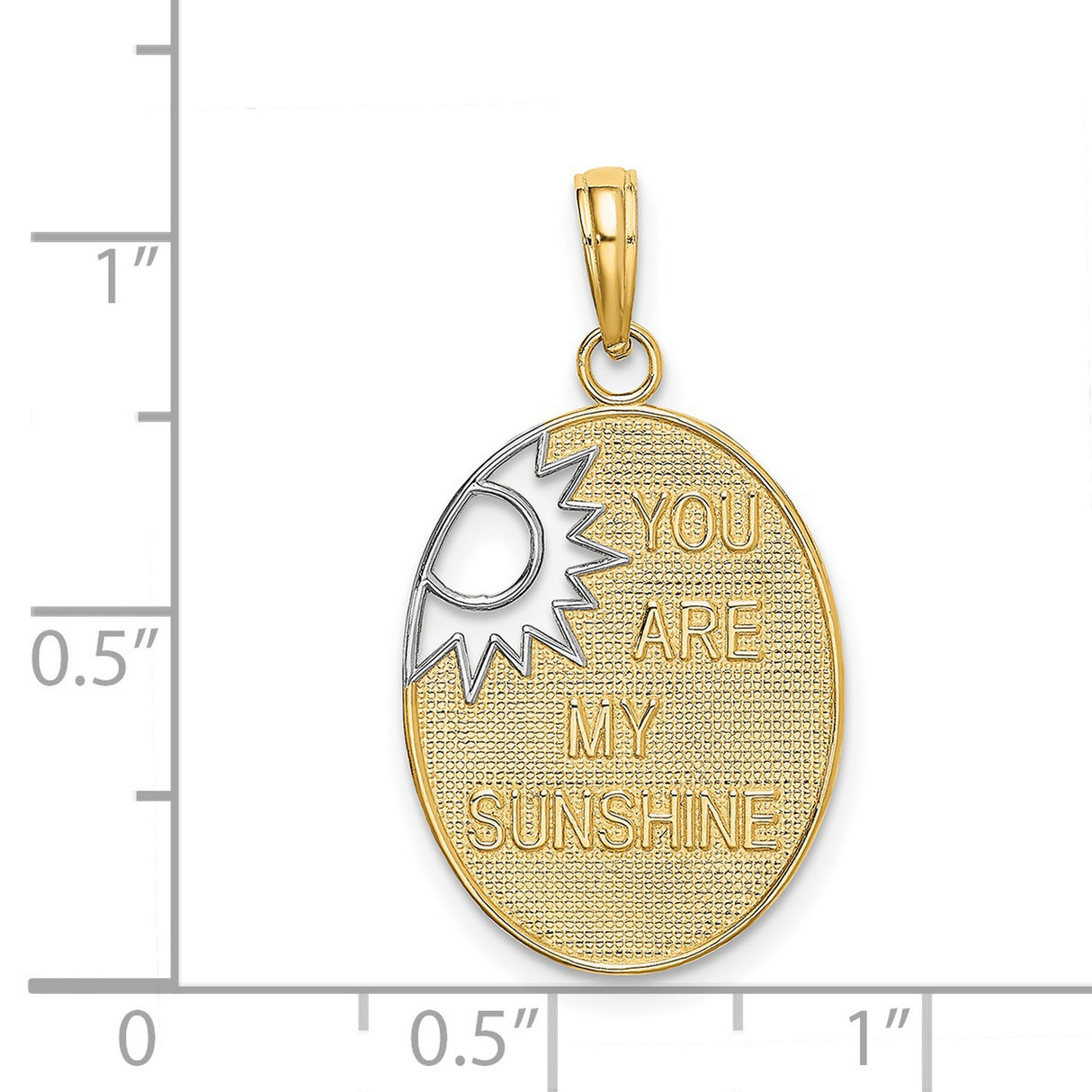 14k Yellow Gold and Rhodium Sunburst Oval Pendant, You Are My Sunshine Engraving, Two-Tone Design