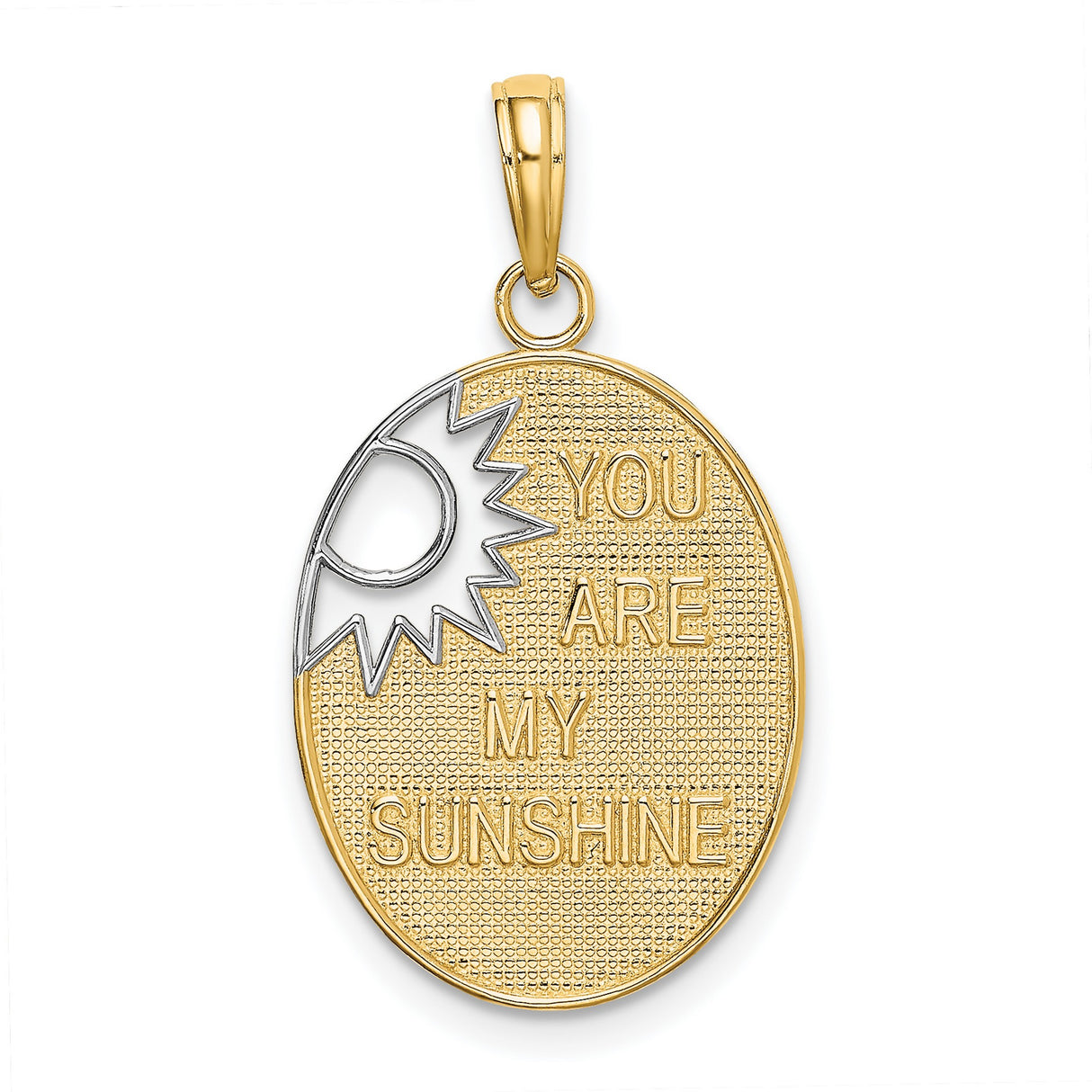14k Yellow Gold and Rhodium Sunburst Oval Pendant, You Are My Sunshine Engraving, Two-Tone Design