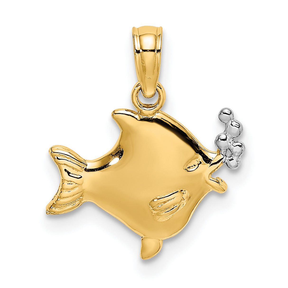14k Multi-Tone Gold Fish Pendant with Rhodium Bubbles, Nautical Sea Life Charm