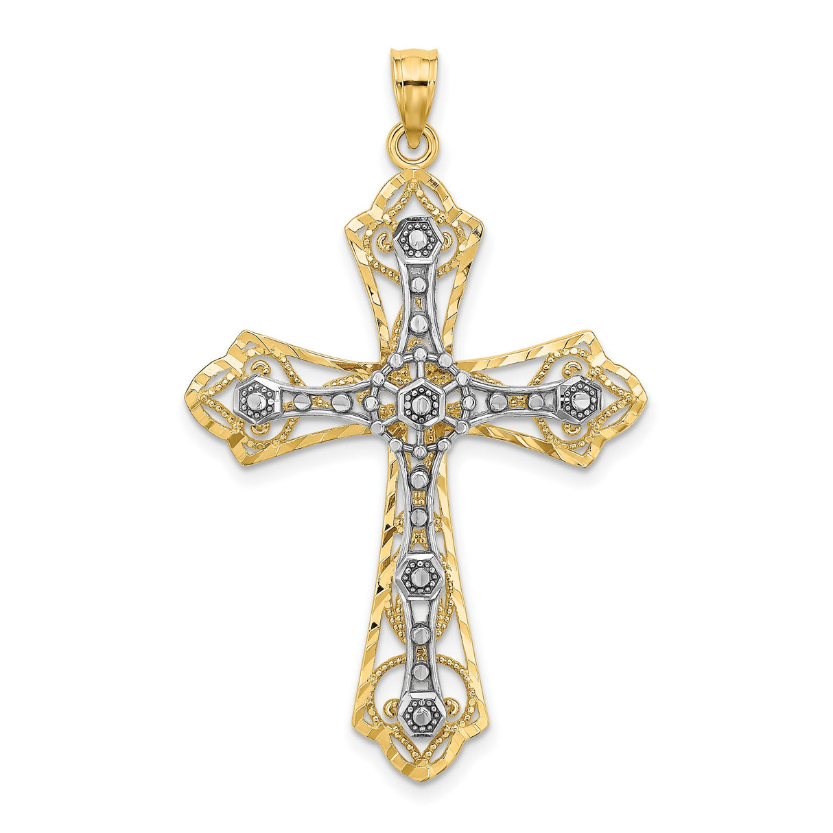 14k Two-Tone Gold Cross Pendant with Filigree and Milgrain Detailing