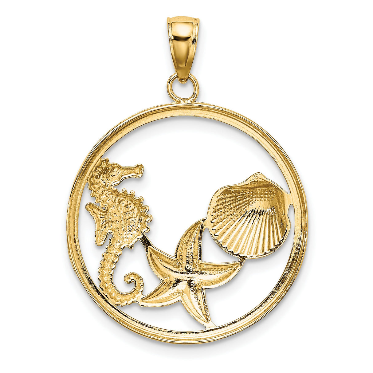 14k Two-Tone Gold Round Pendant with Seahorse, Starfish, and Seashell Ocean Theme