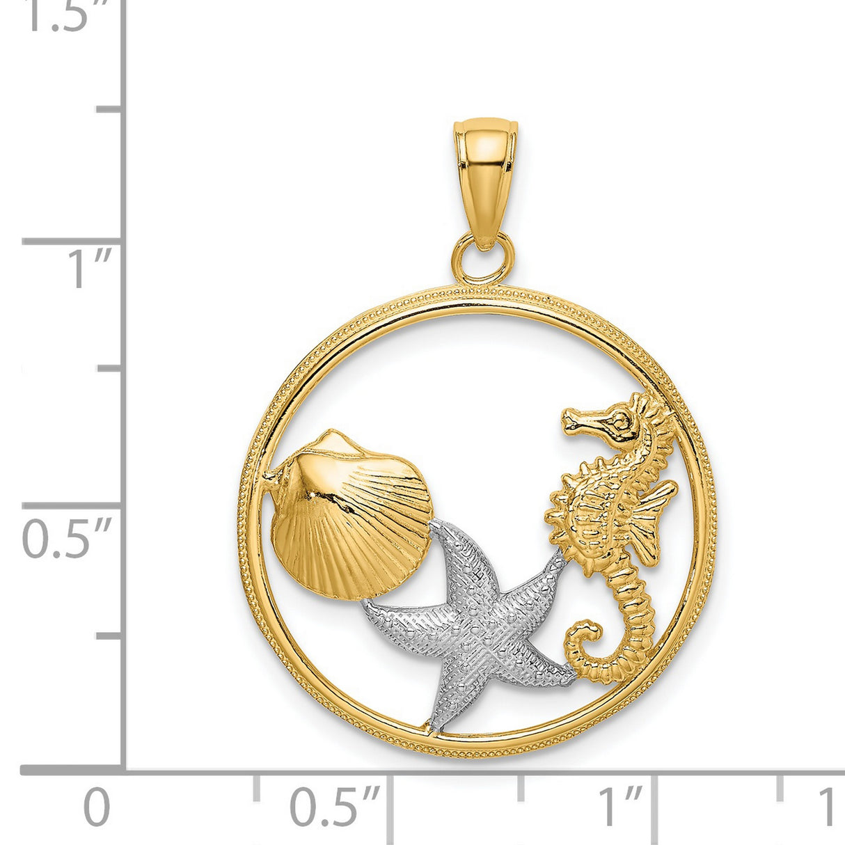 14k Two-Tone Gold Round Pendant with Seahorse, Starfish, and Seashell Ocean Theme