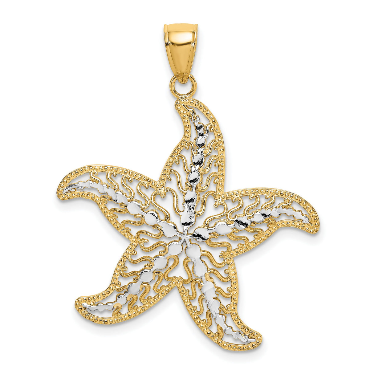 14k Multi-Tone Gold Starfish Pendant with Openwork Filigree Design, Nautical Coastal Style