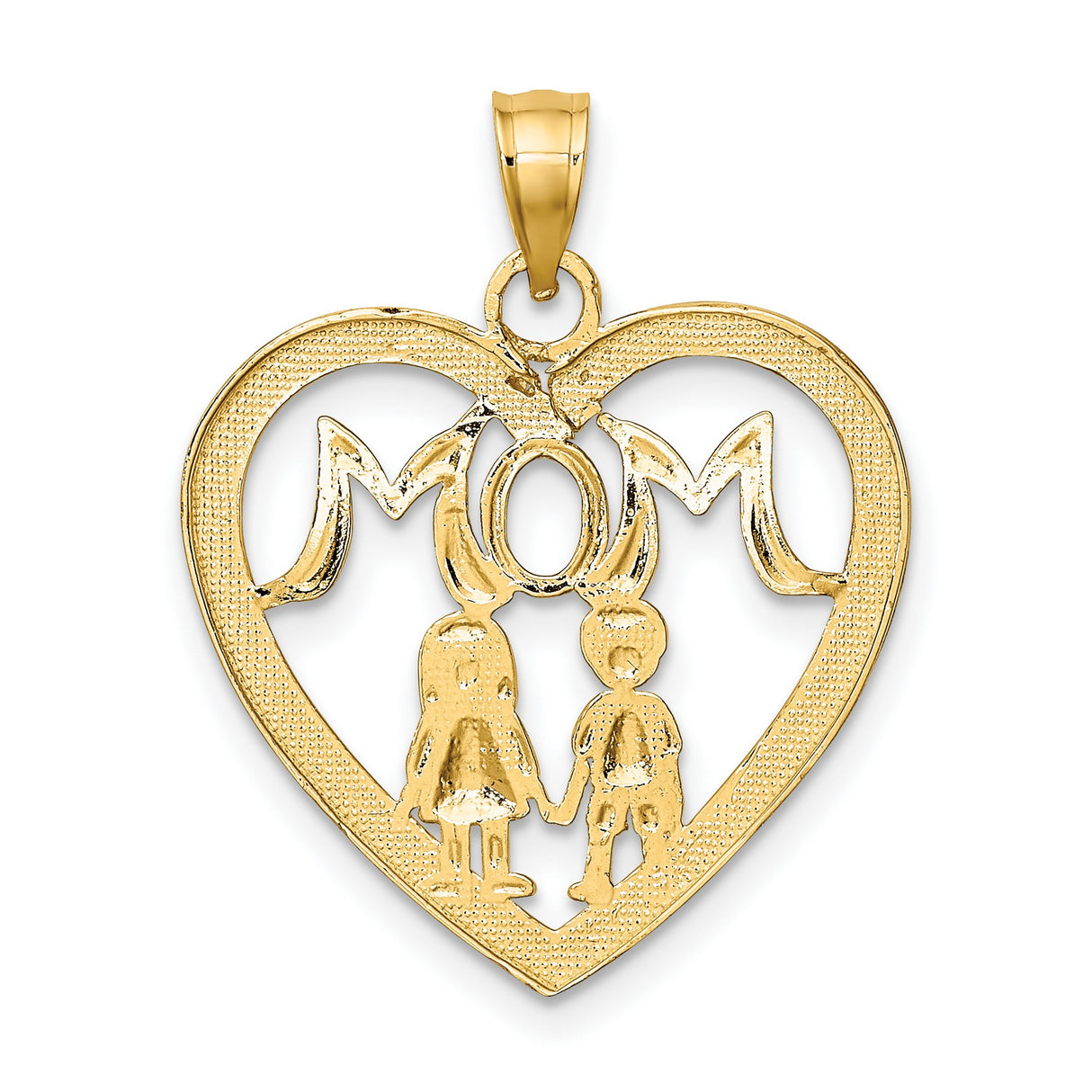 14k Yellow Gold and Rhodium Heart Mom Pendant with Holding Hands Design