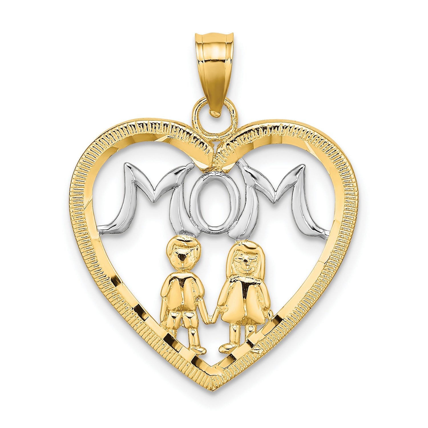 14k Yellow Gold and Rhodium Heart Mom Pendant with Holding Hands Design