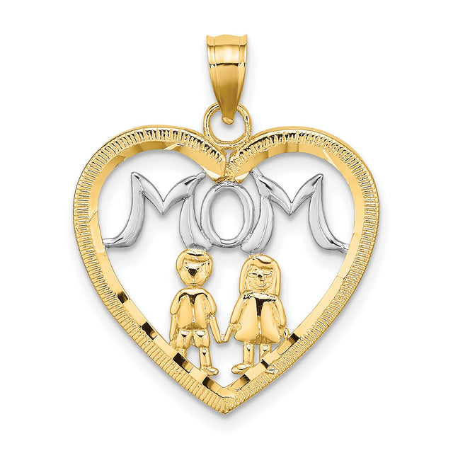 14k Yellow Gold and Rhodium Heart Mom Pendant with Holding Hands Design