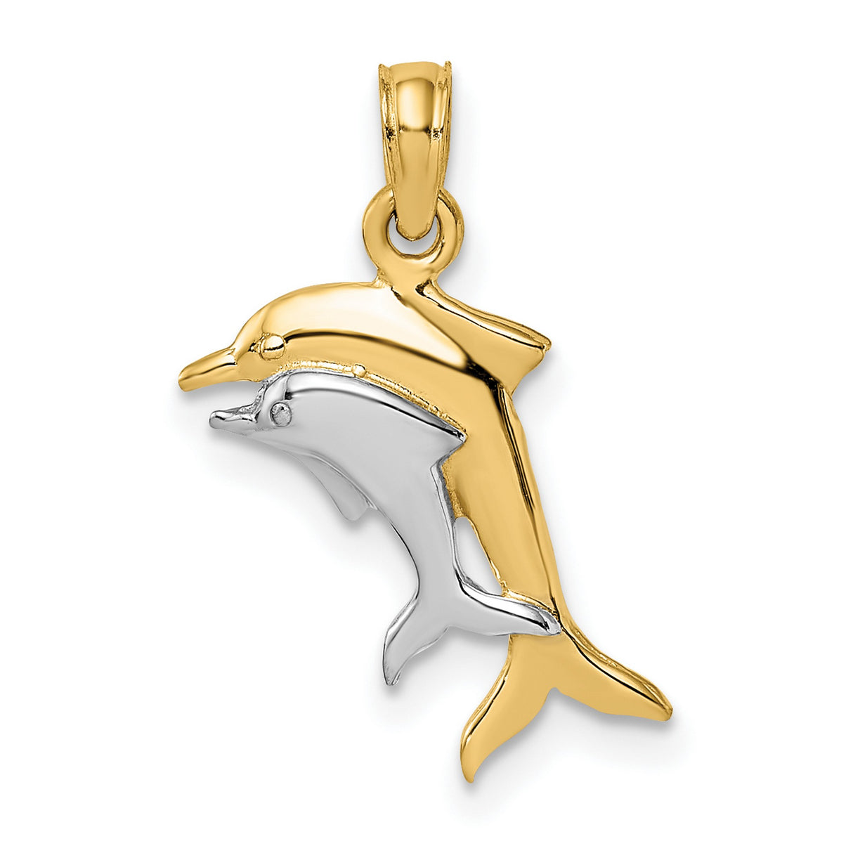 14k Yellow Gold Multi-Tone Dolphin Pendant, Two Tone Ocean-Themed Charm with Dual Dolphins