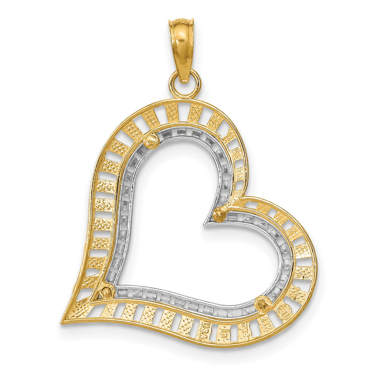 14k Yellow and Rhodium Gold Open Heart Pendant, Cut-Out Love Motif for Women