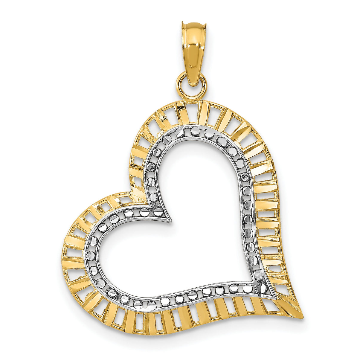 14k Yellow and Rhodium Gold Open Heart Pendant, Cut-Out Love Motif for Women
