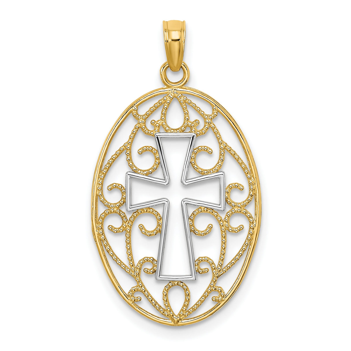 14k Yellow and White Gold Filigree Cross Pendant with Beaded Charm and Faith-Inspired Design