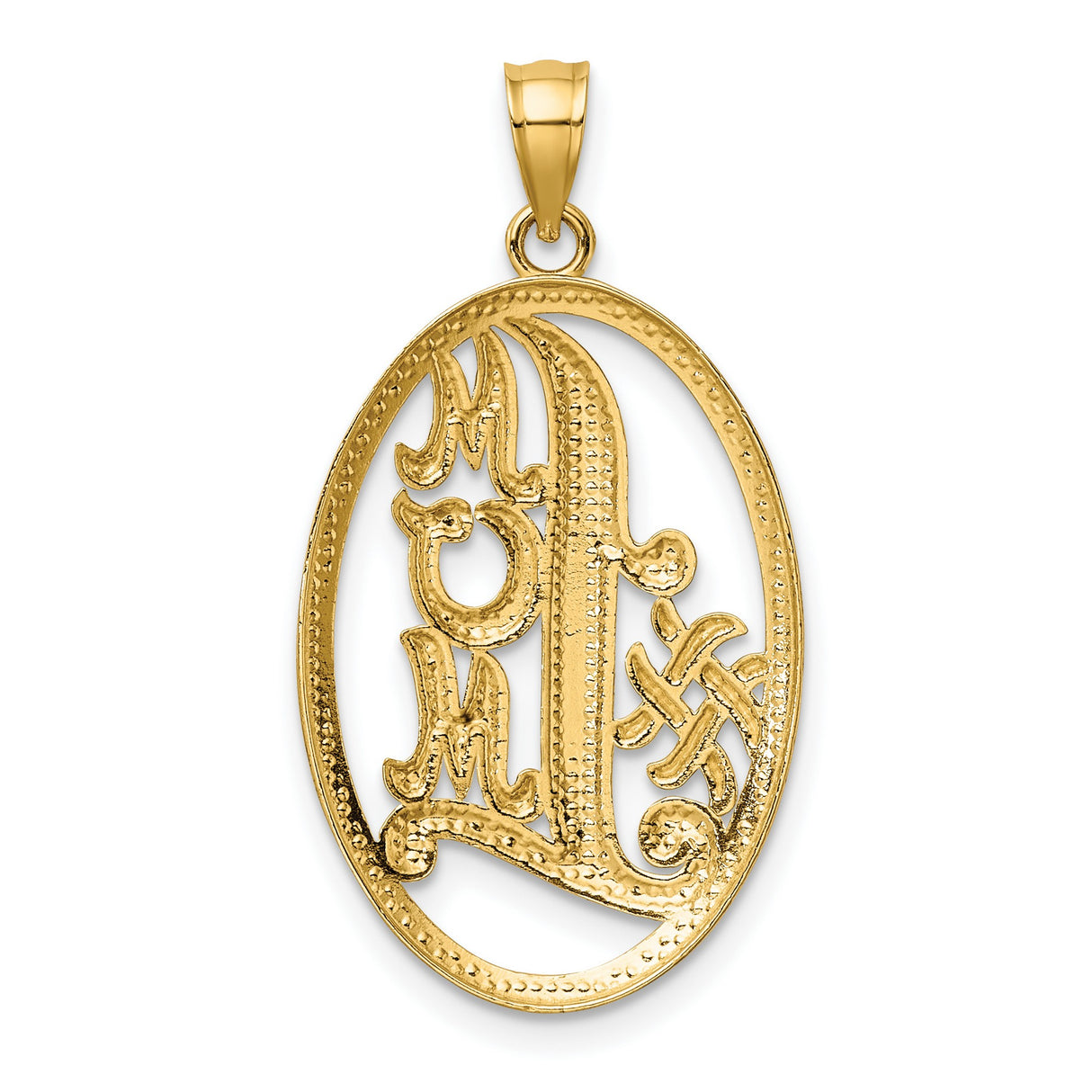 14k Yellow Gold and Rhodium Celtic Knot Oval Pendant with Script L and MOM Letters
