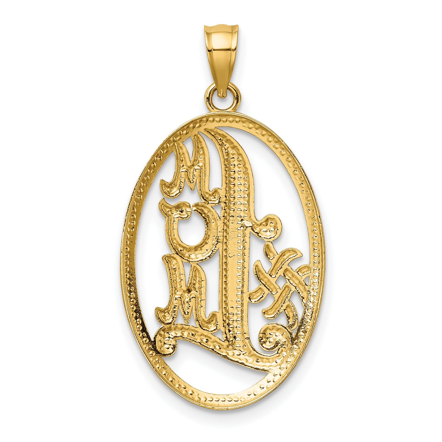 14k Yellow Gold and Rhodium Celtic Knot Oval Pendant with Script L and MOM Letters