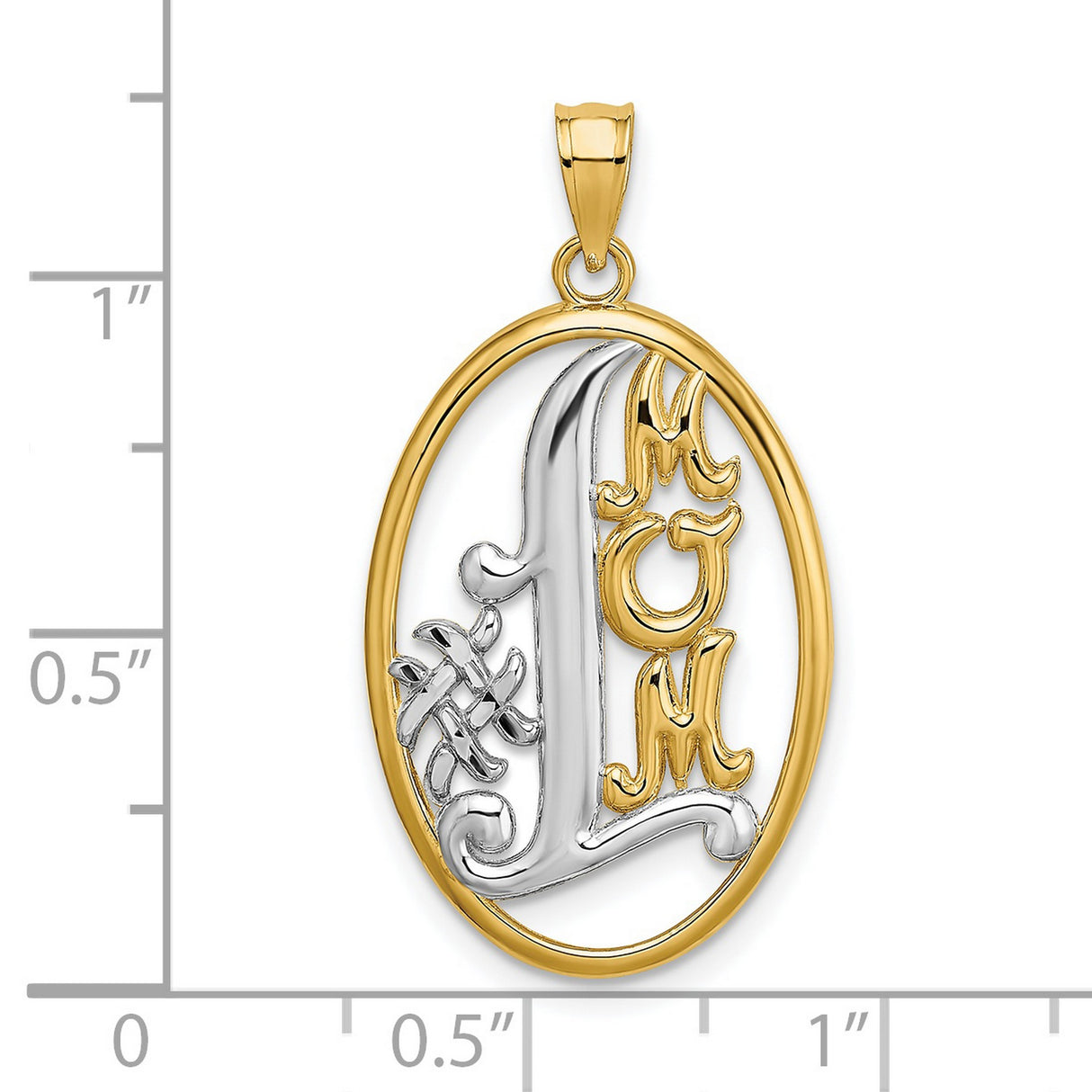 14k Yellow Gold and Rhodium Celtic Knot Oval Pendant with Script L and MOM Letters