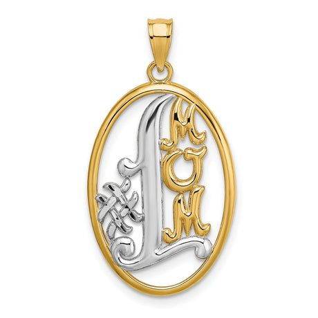 14k Yellow Gold and Rhodium Celtic Knot Oval Pendant with Script L and MOM Letters