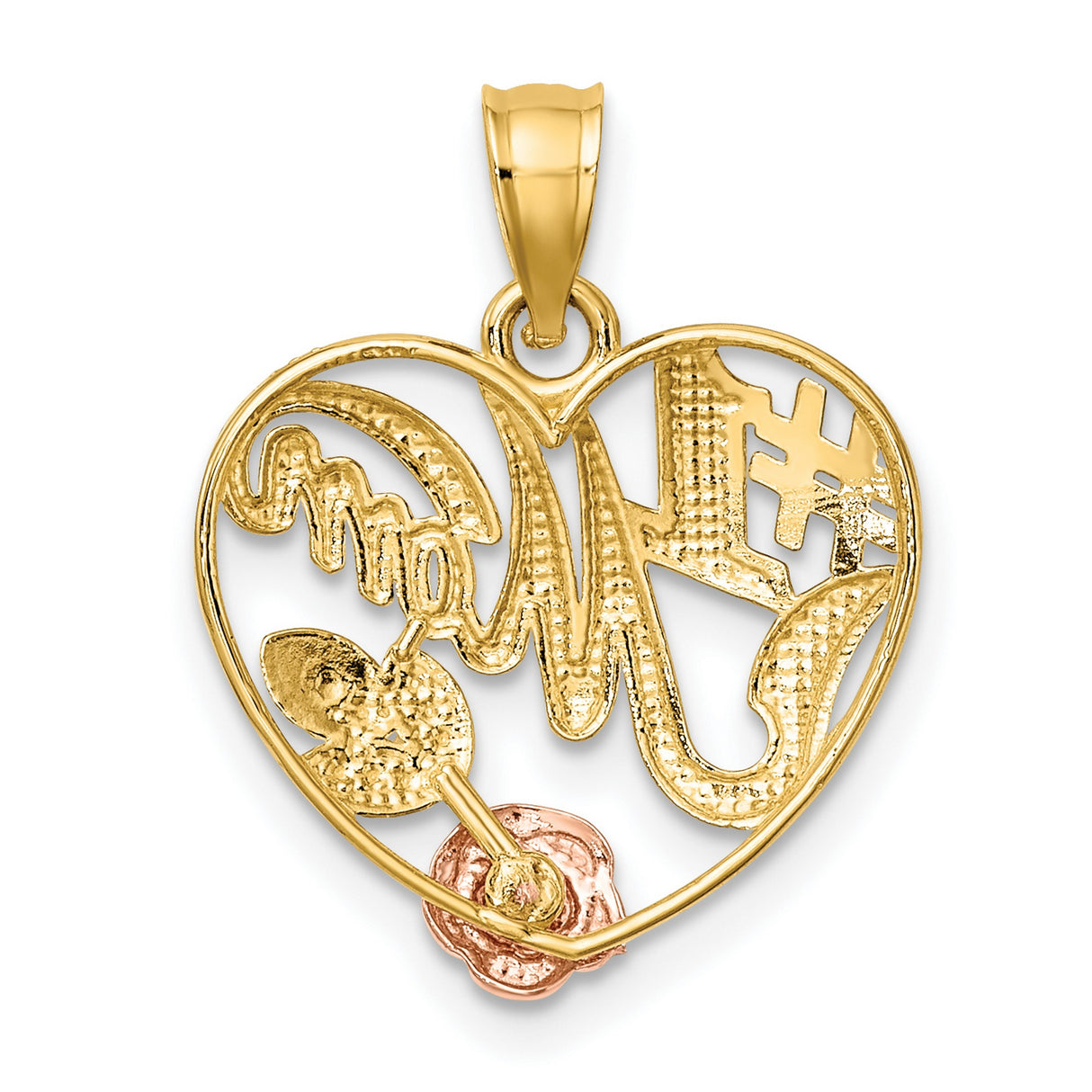 14k Two-Tone Gold Heart Pendant with #1 Mom Engraving and Rose Detail