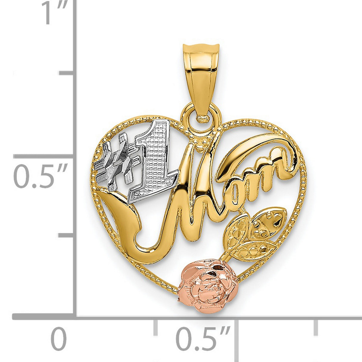 14k Two-Tone Gold Heart Pendant with #1 Mom Engraving and Rose Detail