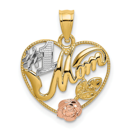 14k Two-Tone Gold Heart Pendant with #1 Mom Engraving and Rose Detail