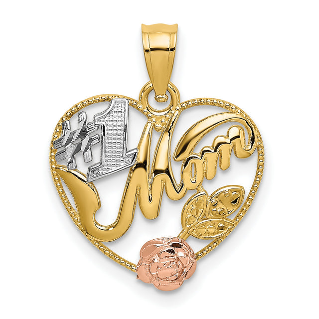 14k Two-Tone Gold Heart Pendant with #1 Mom Engraving and Rose Detail