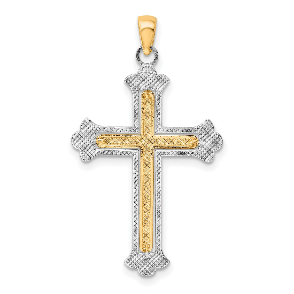 14k Multi-Tone Gold Cross Pendant with Silver Border, Fleur Accents, Spiritual Design