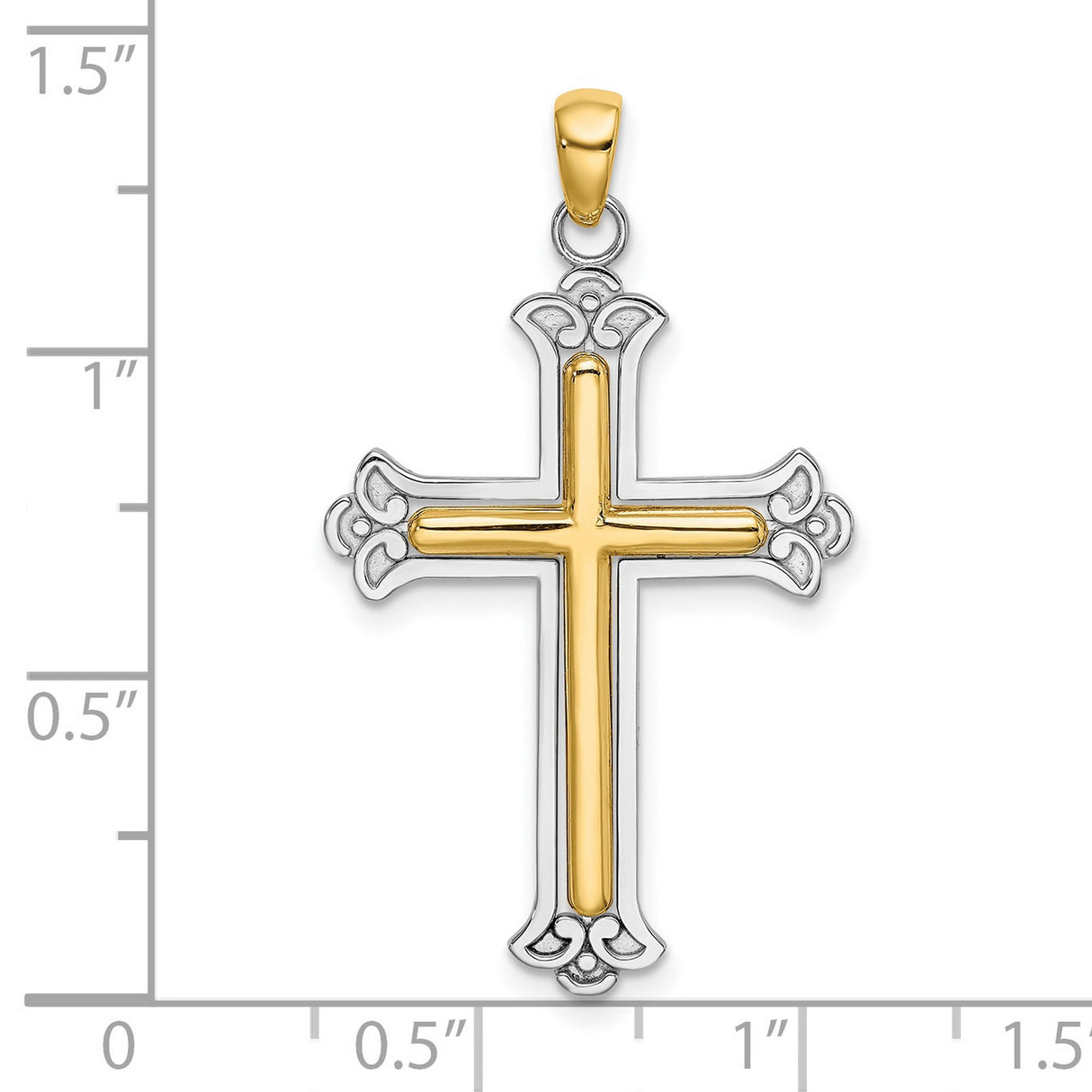 14k Multi-Tone Gold Cross Pendant with Silver Border, Fleur Accents, Spiritual Design