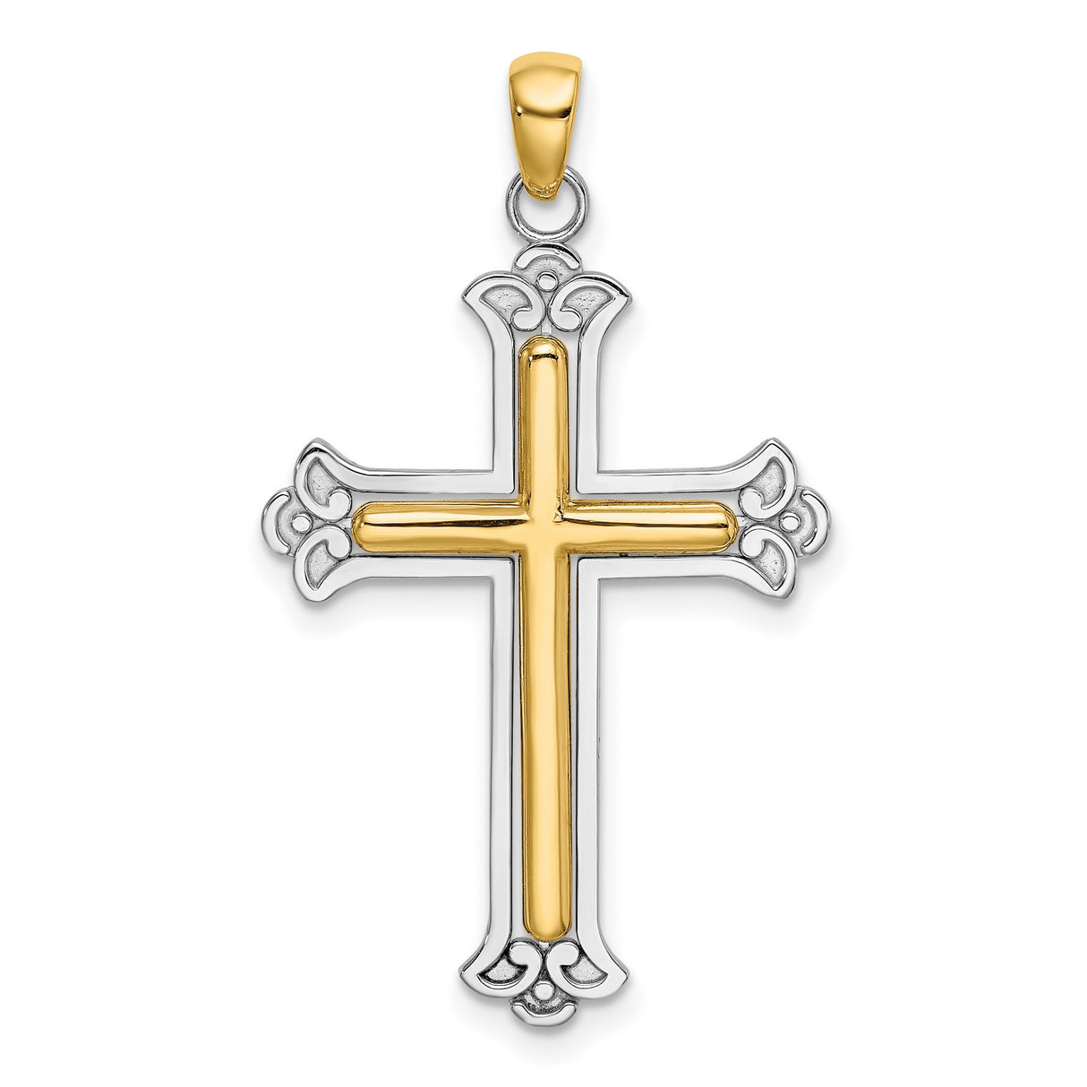 14k Multi-Tone Gold Cross Pendant with Silver Border, Fleur Accents, Spiritual Design