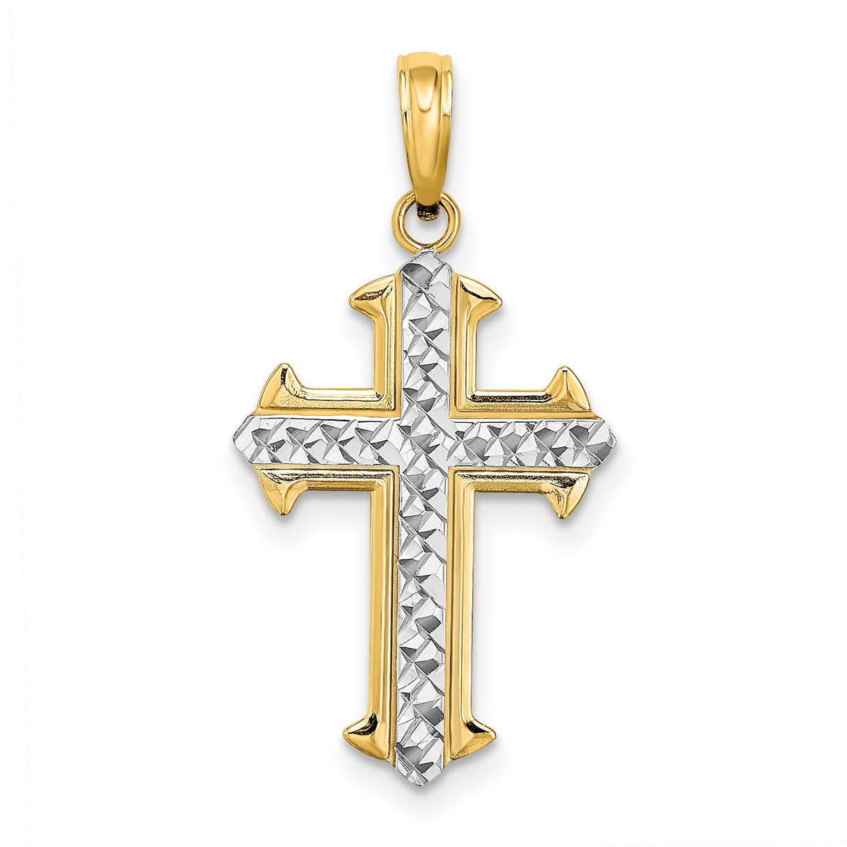 14k Two-Tone Gold Cross Pendant with Textured Finish, Religious Charm for Men and Women