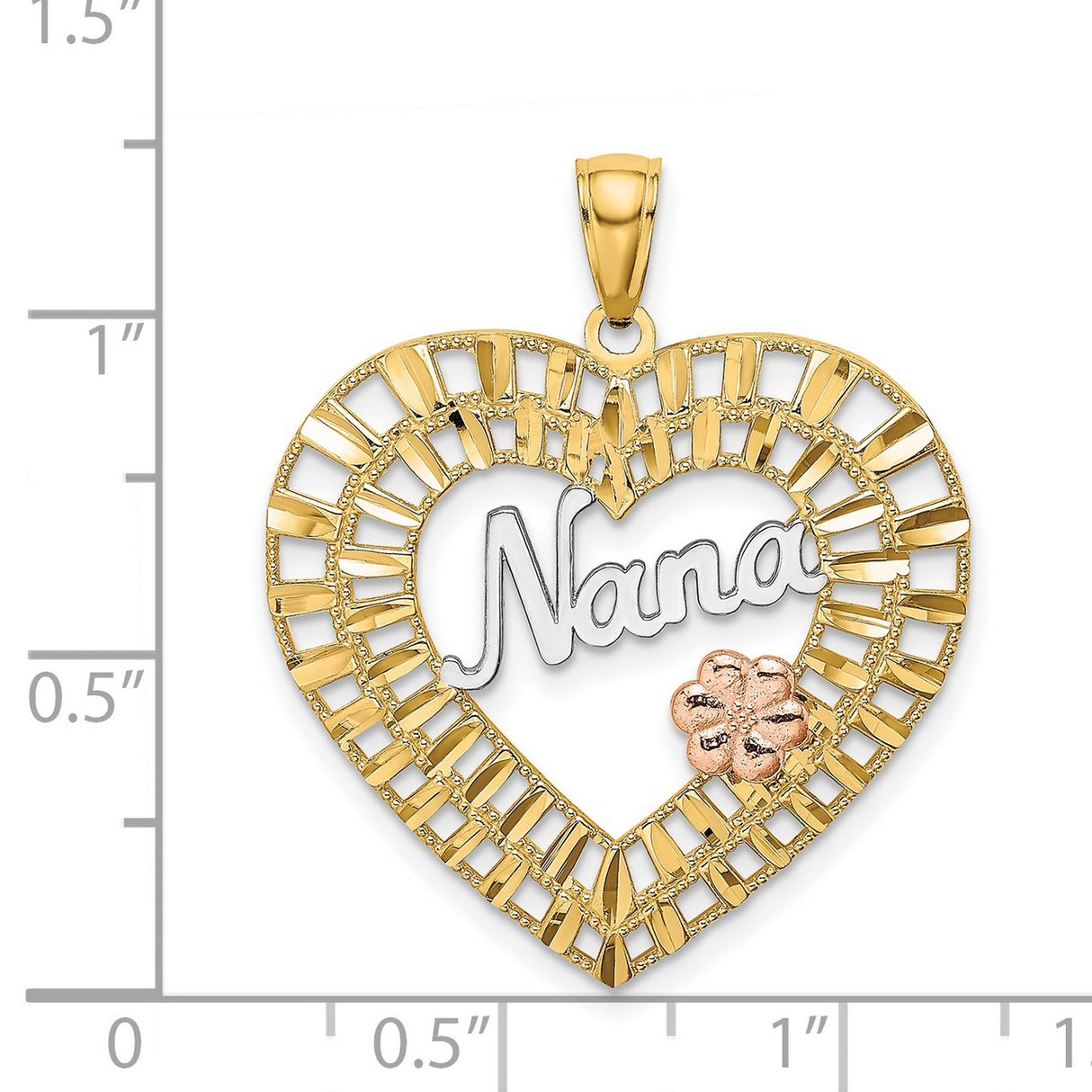 14k Multi-Tone Gold Heart Pendant with Nana in White Gold and Rose Gold Flower Accent
