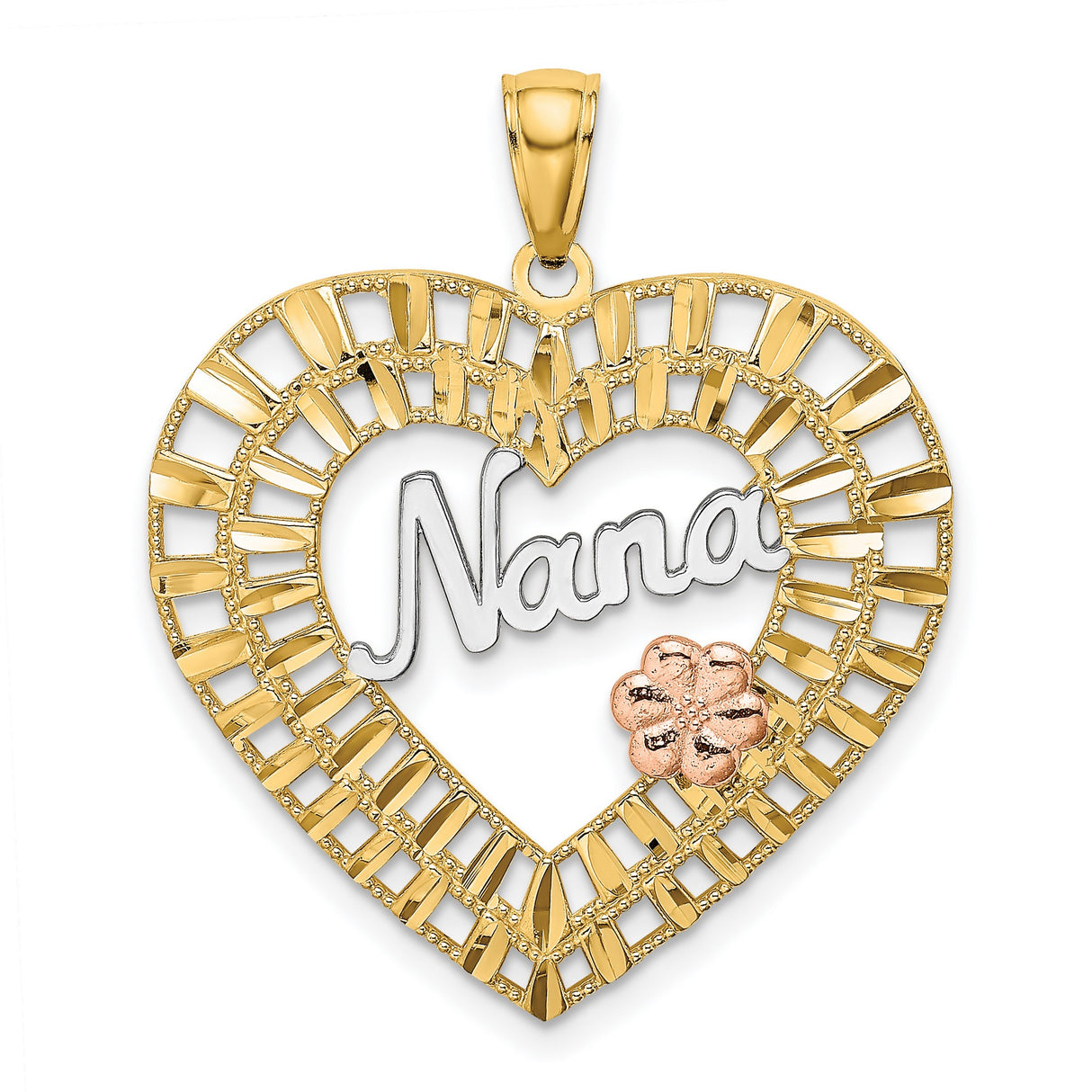 14k Multi-Tone Gold Heart Pendant with Nana in White Gold and Rose Gold Flower Accent