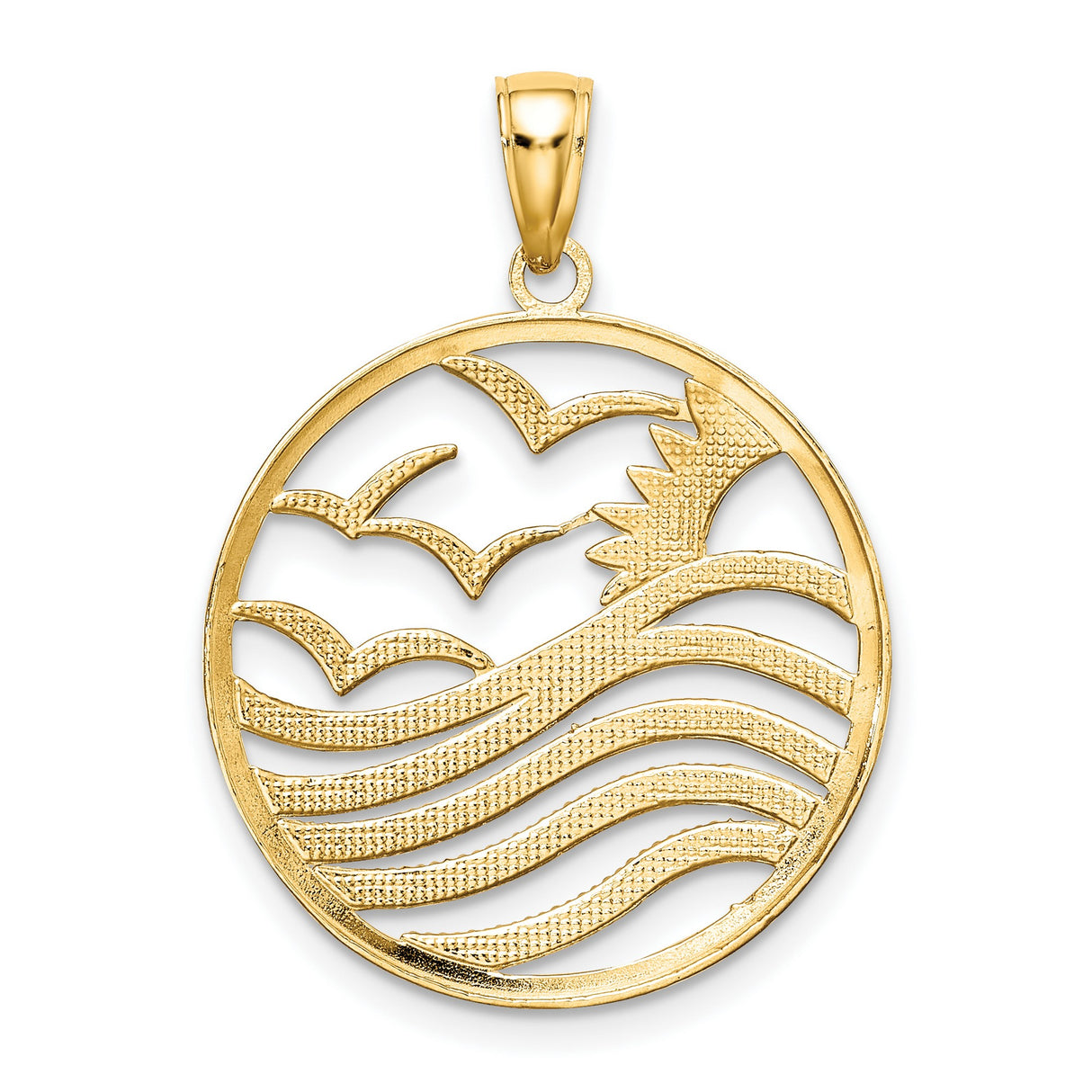 14k Multi-Tone Gold Round Pendant with Ocean Scene, Sunrise, Waves and Birds Motif for Women