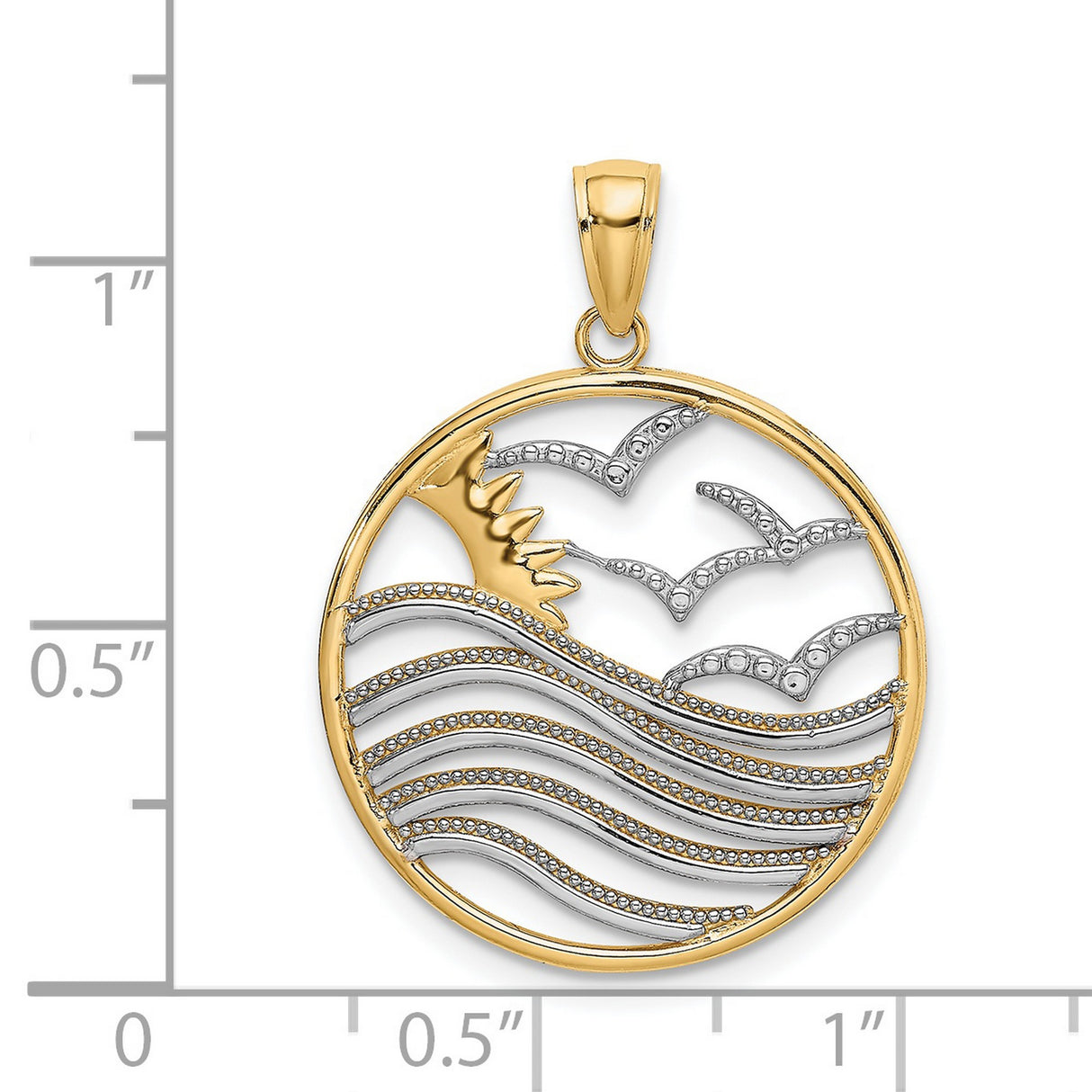 14k Multi-Tone Gold Round Pendant with Ocean Scene, Sunrise, Waves and Birds Motif for Women
