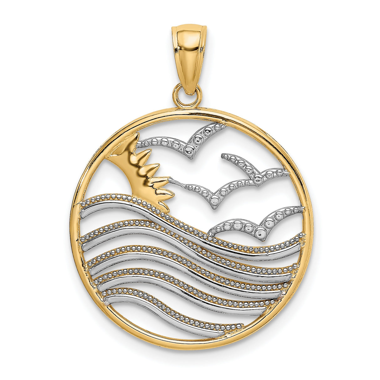 14k Multi-Tone Gold Round Pendant with Ocean Scene, Sunrise, Waves and Birds Motif for Women