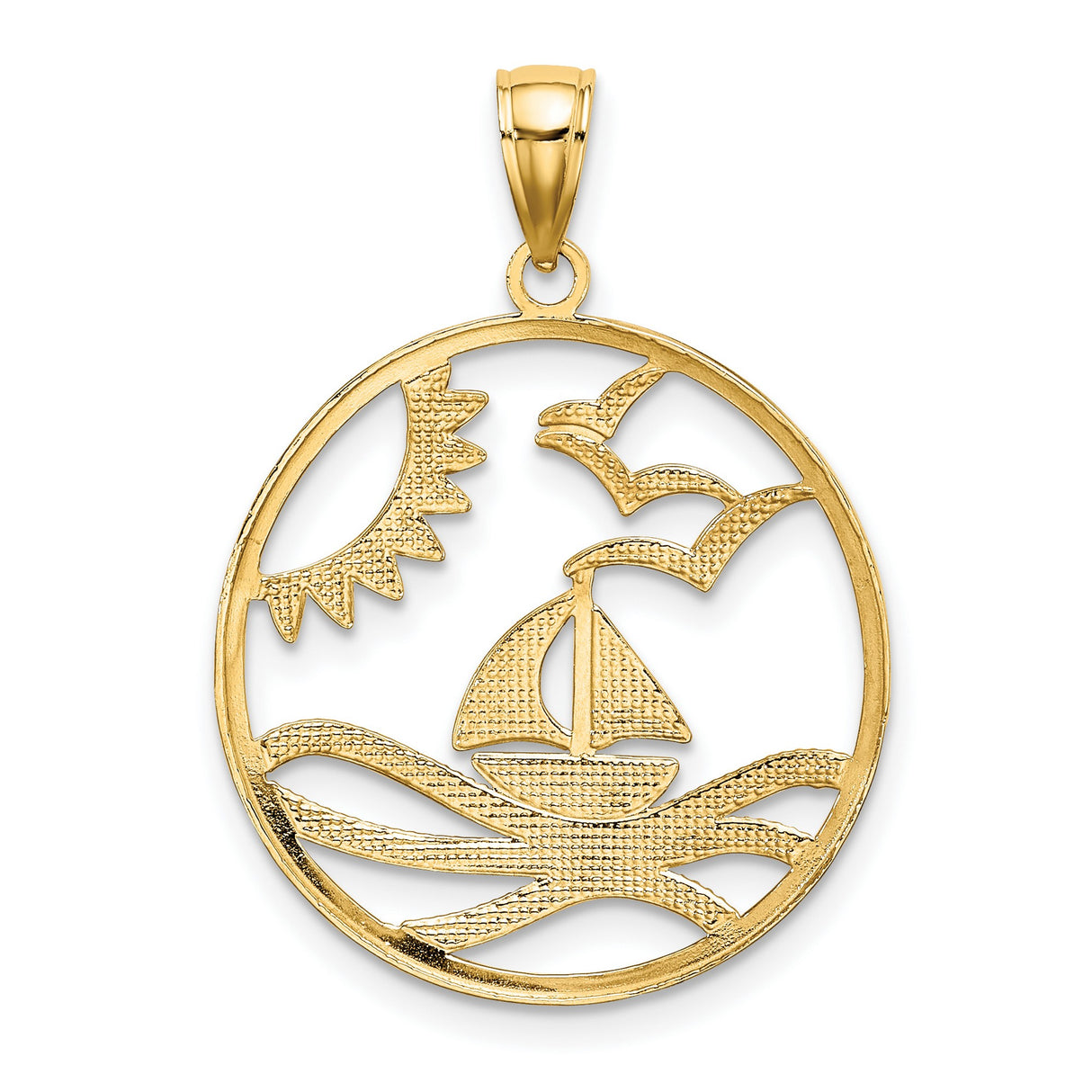 14k Two-Tone Gold Sailboat Circle Pendant with Sun, Waves, and Seagulls Nautical Theme