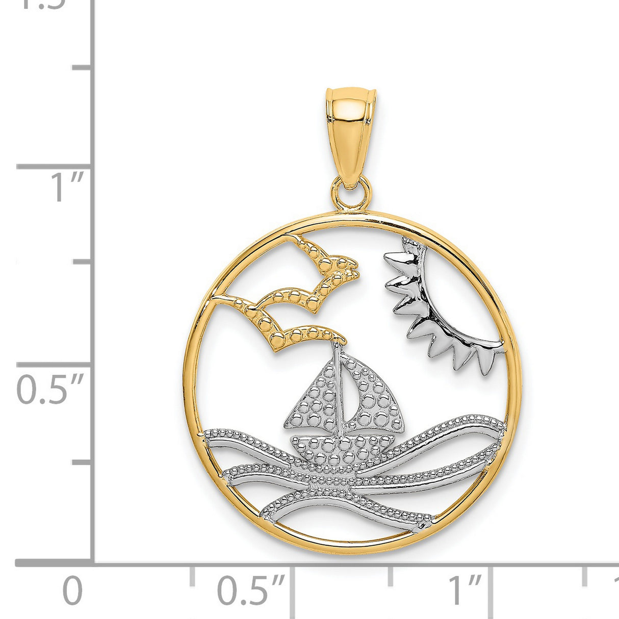 14k Two-Tone Gold Sailboat Circle Pendant with Sun, Waves, and Seagulls Nautical Theme
