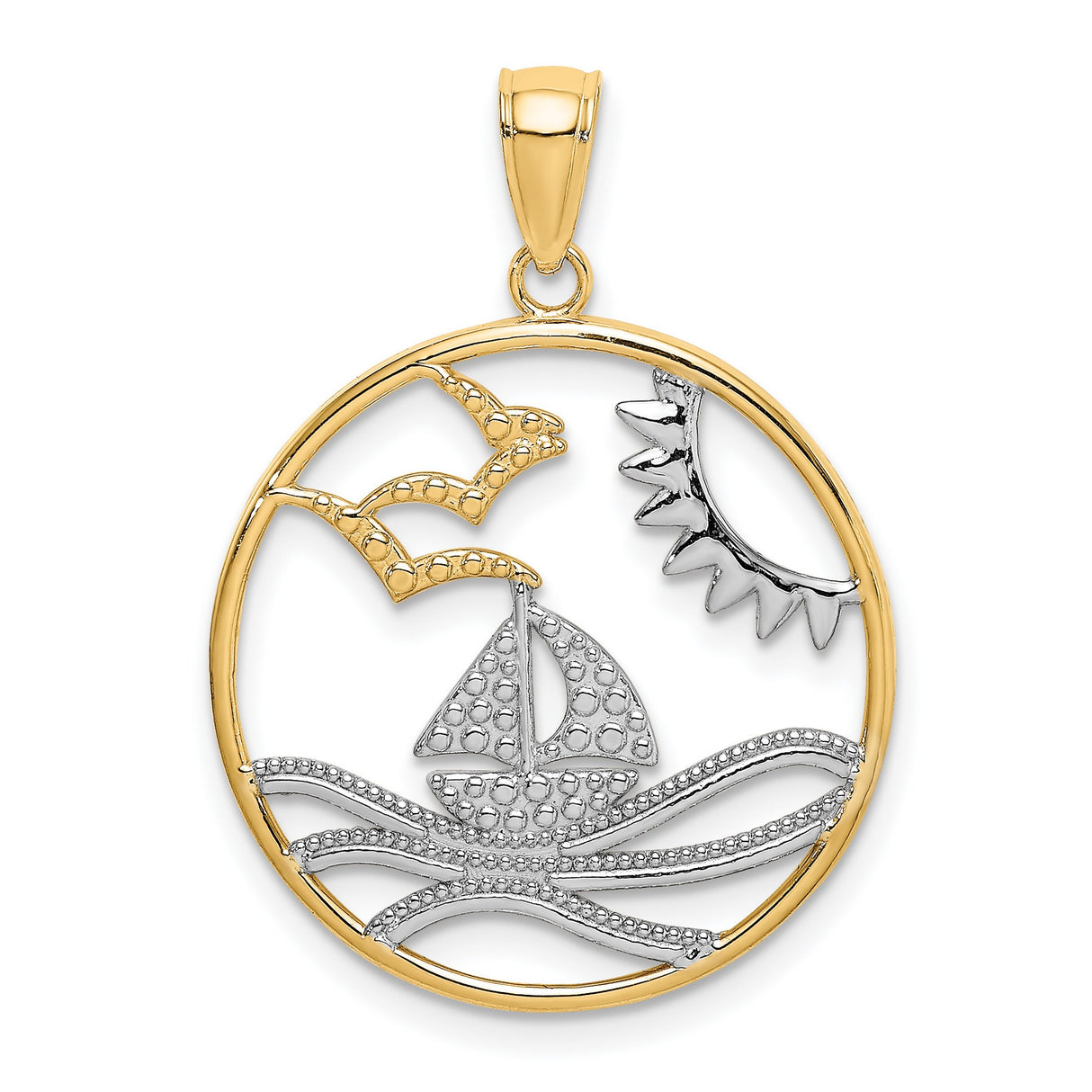 14k Two-Tone Gold Sailboat Circle Pendant with Sun, Waves, and Seagulls Nautical Theme