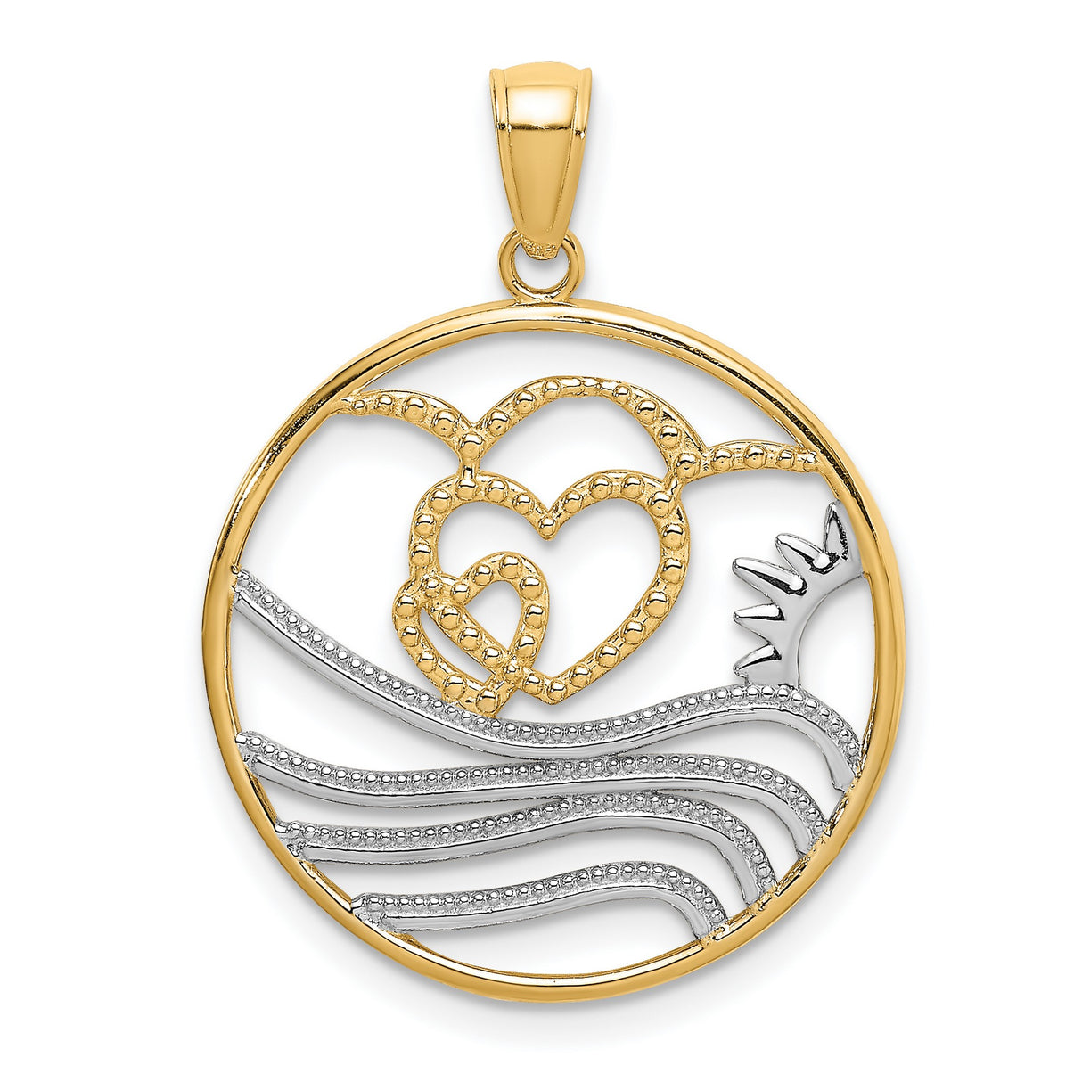 Sun Hearts Water Circle Charm Pendant in Real 14k Multi-Tone Gold